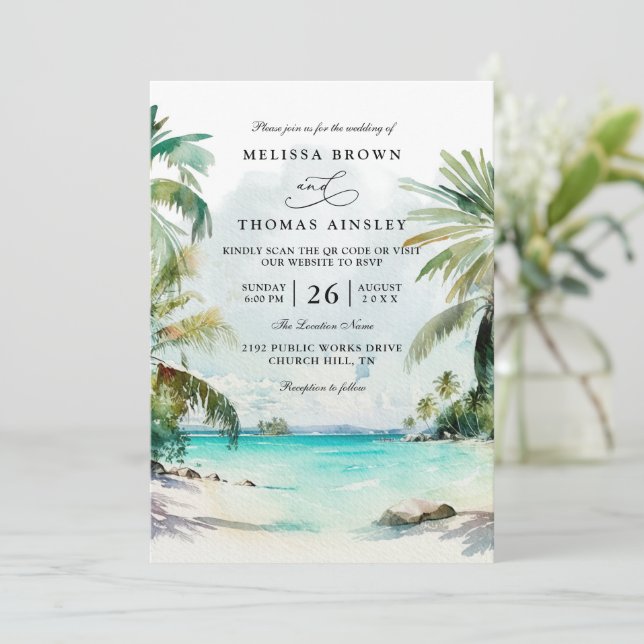 Tropical Palm Trees Beach Scene QR Code Wedding Inbjudningar (Stående Fram)