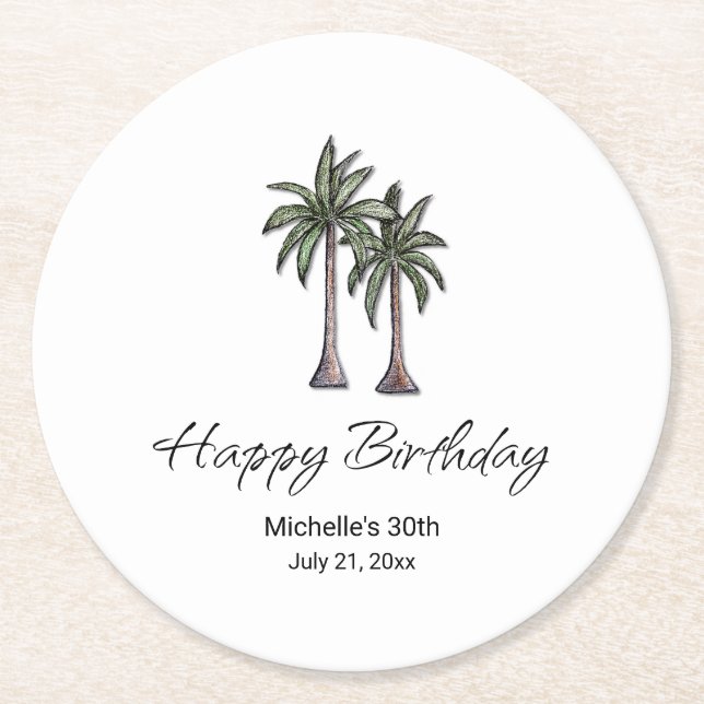 Tropical Palm Trees Elegant 30th Birthday Party Underlägg Papper Rund (Framsidan)