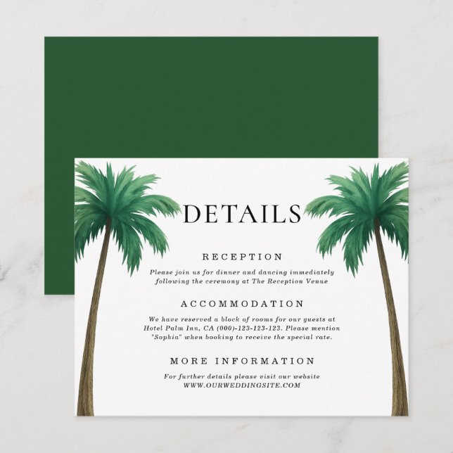 Tropical Palm Trees Minimal Beach Wedding Details Tilläggskort (Fram/baksida)