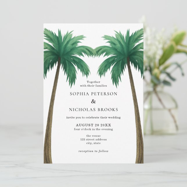 Tropical Palm Trees Minimal Photo Beach Wedding Inbjudningar (Stående Fram)