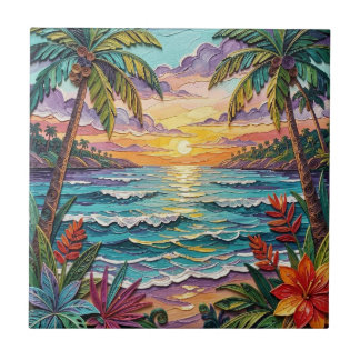 Tropical Paradise | Coastal Beach Scene Impasto Kakelplatta
