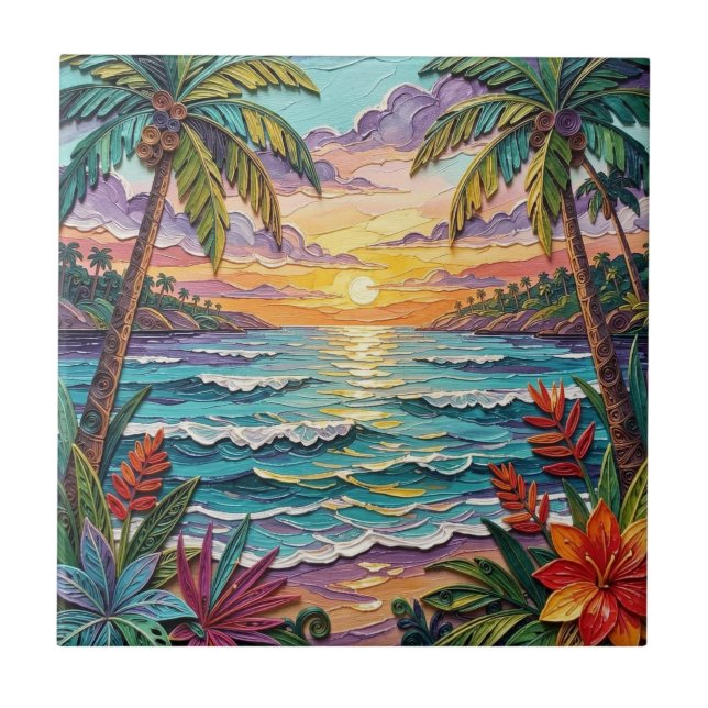 Tropical Paradise | Coastal Beach Scene Impasto Kakelplatta (Framsidan)