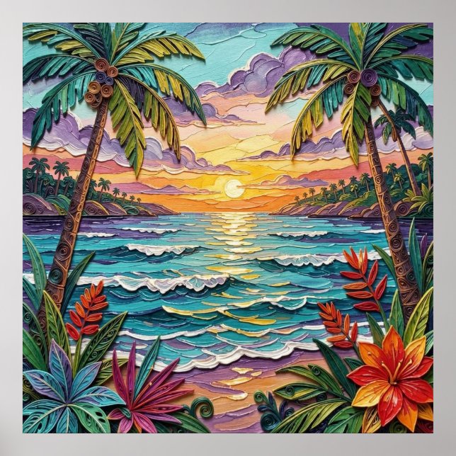 Tropical Paradise | Coastal Beach Scene Impasto Poster (Framsidan)