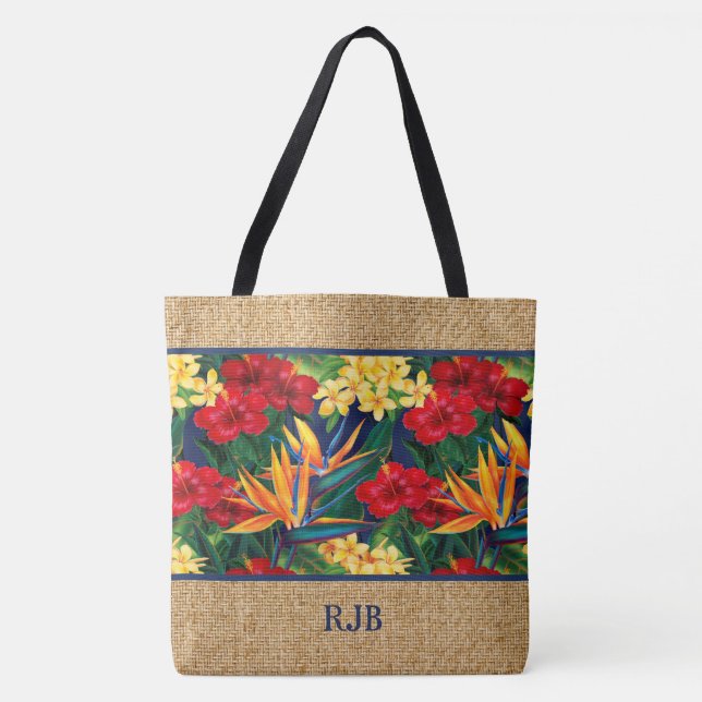 Tropical Paradise Hawaiian Monogram Beach Bag Tygkasse (Framsida)