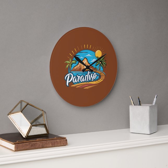 Tropical Paradise Island Logo Art Stor Klocka (Kontor)