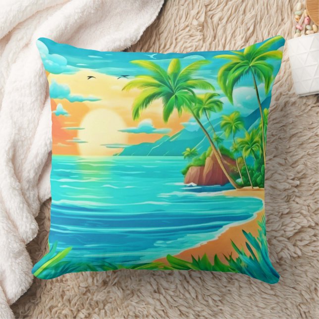 Tropical Paradise Sunset Kusten View Kudde (Filt)