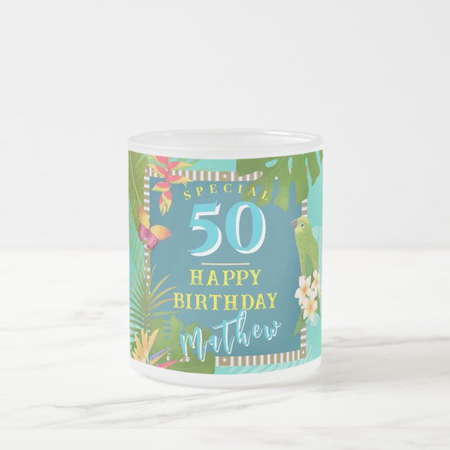 Tropical Paradise Yearly Birthday Teal Frostad Glasmugg (Center)
