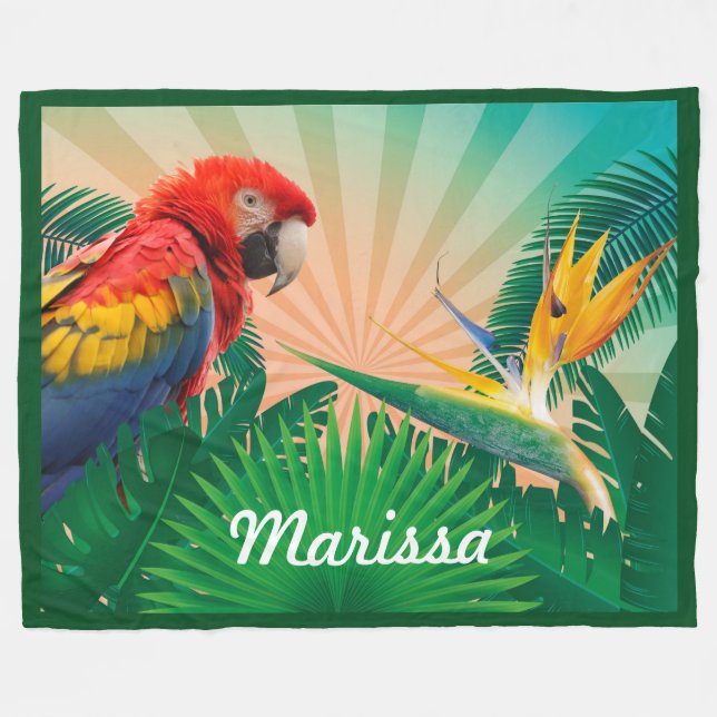 Tropical Parrot WIth Personlig Namn eller Quote Fleecefilt (Framsidan (Horisontell))