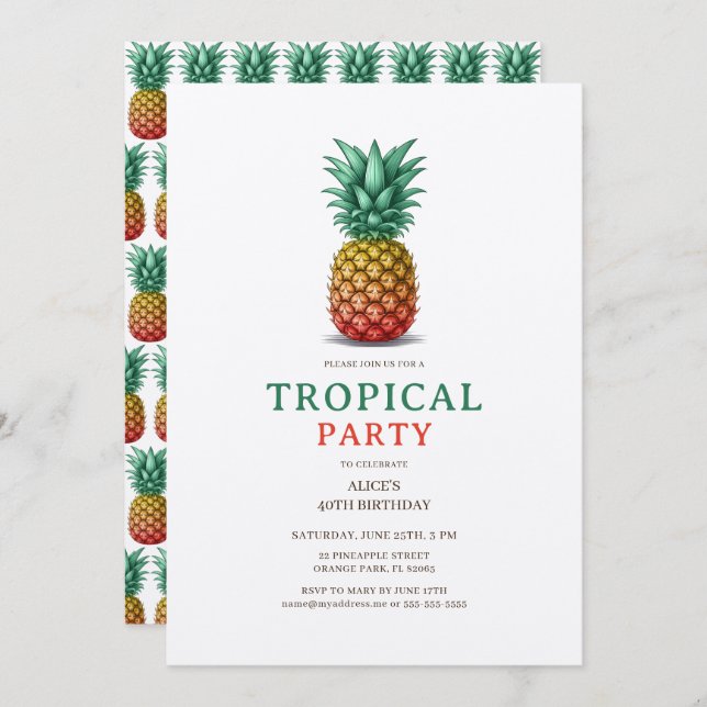 Tropical Party with retro pineapple Invitation Inbjudningar (Fram/baksida)