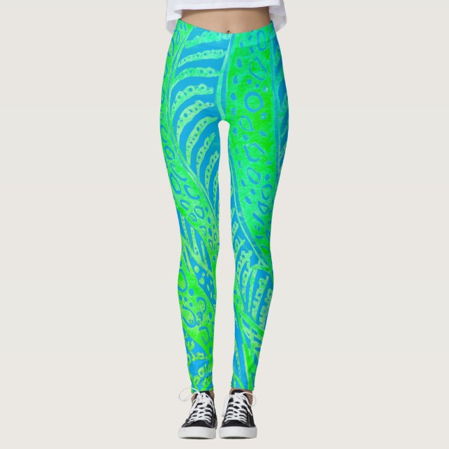 Tropical Pattern, Line Round Curve, Blue Turquoise Leggings (Framsida)