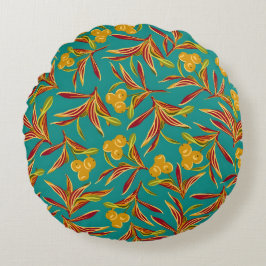 Tropical Pattern with Red and Yellow Leaves Rund Kudde