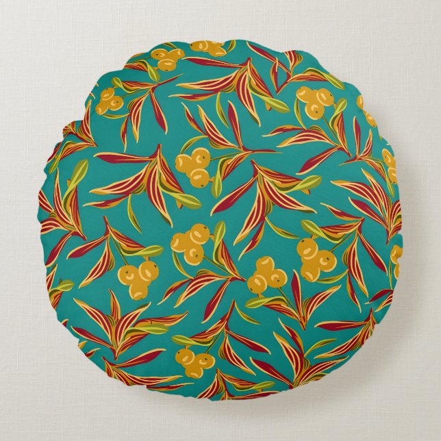 Tropical Pattern with Red and Yellow Leaves Rund Kudde (Framsidan)