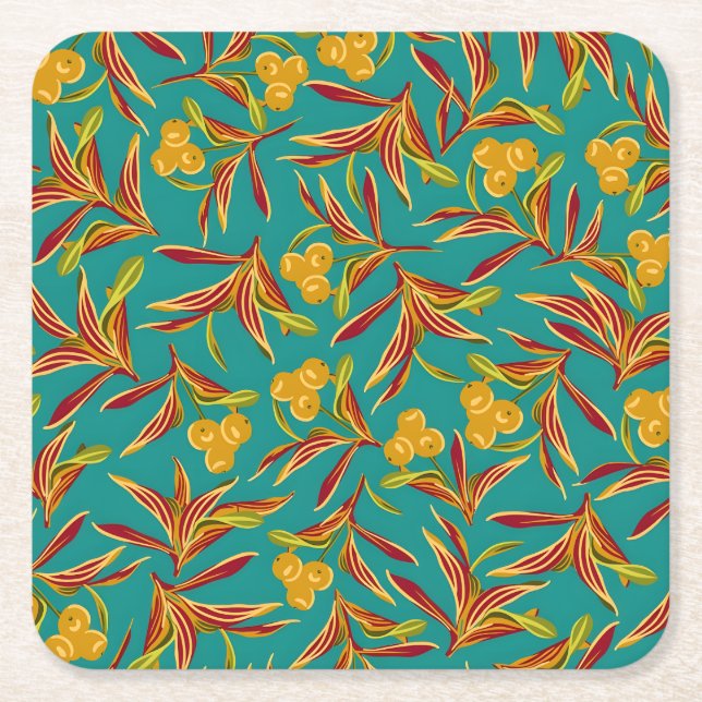 Tropical Pattern with Red and Yellow Leaves Underlägg Papper Kvadrat (Framsidan)