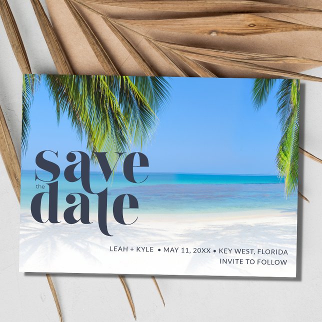Tropical Photo Beach Wedding handflatan Träd Spara Datumet (Palm Tree Tropical Photo Beach Wedding Save The Date)