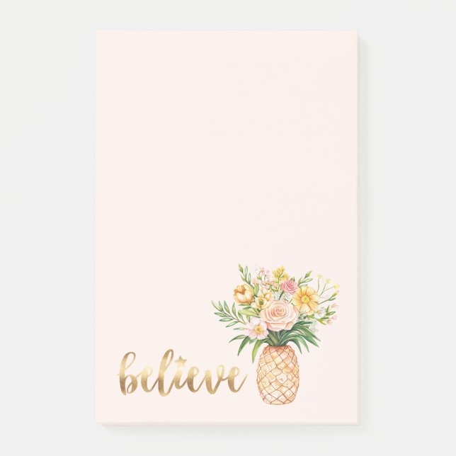 Tropical Pineapple Floral Gold Believe Quote Post-it Block (Framsida)