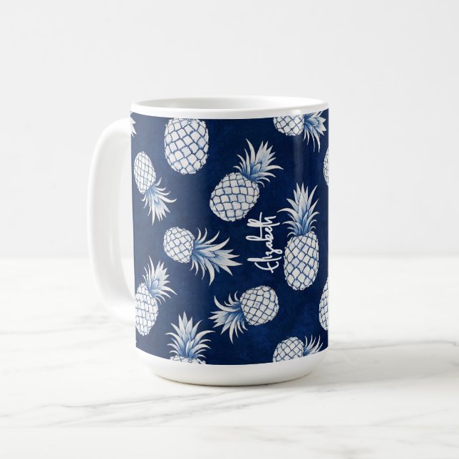 Tropical Pineapple with Name – Watercolor Style Kaffemugg (Framsida vänster)
