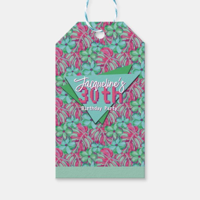 Tropical Pink and Green Floral Birthday Presentetikett (Framsidan)