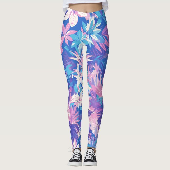 🌺 Tropical Pink & Blue Floral Pattern - Fresh & V Leggings (Framsida)