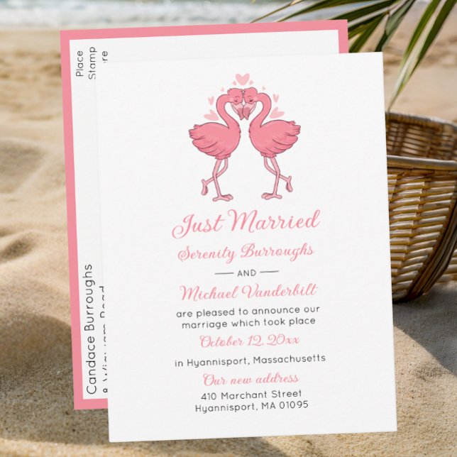 Tropical Pink Flamingo Beach Hawaiian Just Married Meddelande Vykort (Skapare uppladdad)