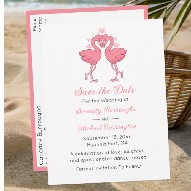 Tropical Pink Flamingo Beach Wedding Save the Date Vykort (Skapare uppladdad)