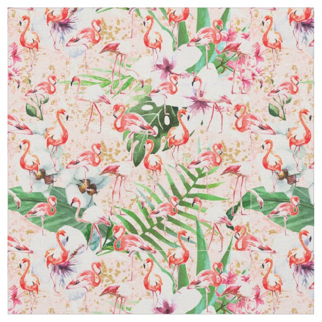 Tropical Pink Flamingos Fabric Tyg (Närbild)