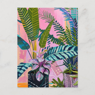 Tropical pink flamingos set against lush green helg vykort