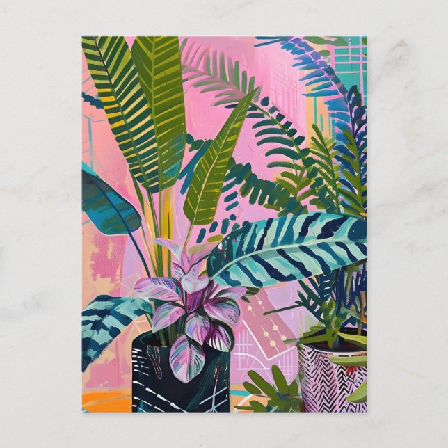 Tropical pink flamingos set against lush green vykort (Framsida)