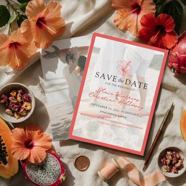 Tropical Pink Hibiscus Double Sided Photo Wedding Spara Datumet (Invite guests to your destination wedding day with this Tropical Pink Hibiscus Save the Date!)