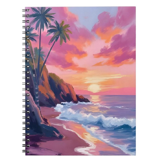 Tropical Pink Sunset Ocean Watercolor Anteckningsbok (Framsidan)