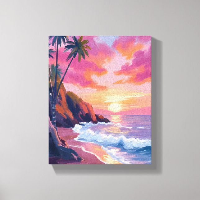 Tropical Pink Sunset Ocean Watercolor Canvastryck (Framsida)