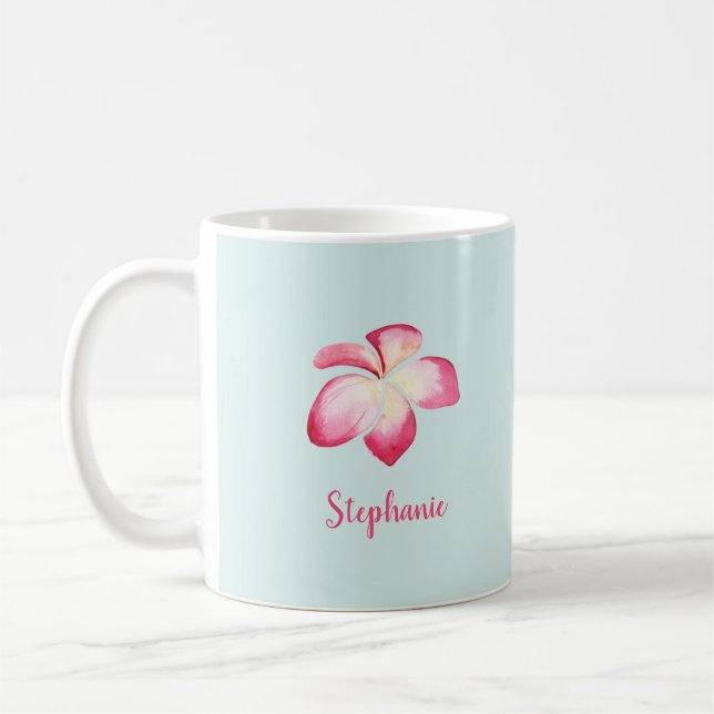 Tropical Plumeria Rosa Watercolor Kaffemugg (Vänster)