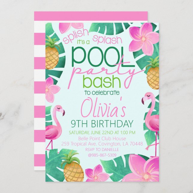 Tropical Pool Party Birthday Party Invitation Inbjudningar (Fram/baksida)