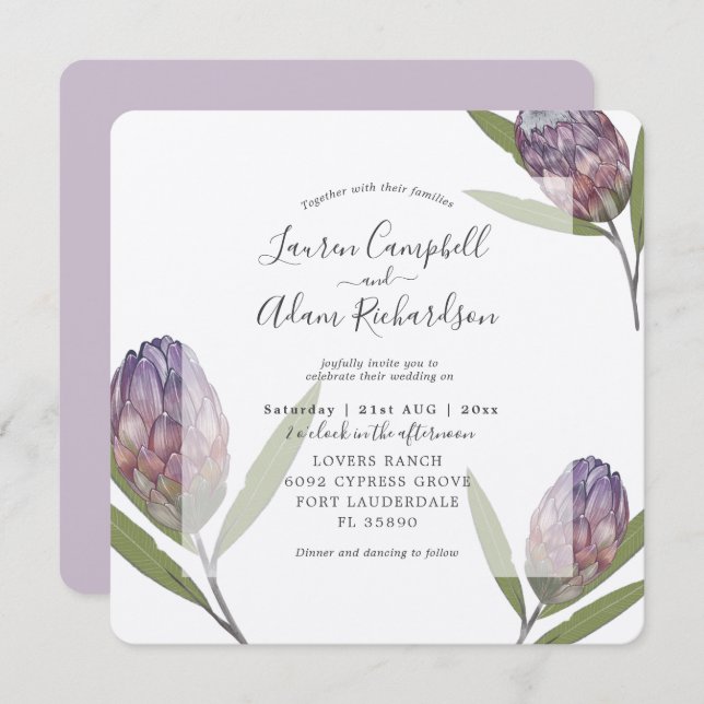 Tropical Protea Lila Watercolor Bröllop Inbjudningar (Fram/baksida)