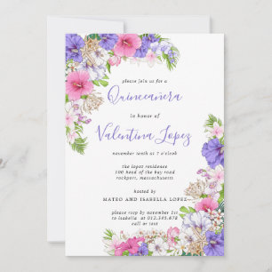 Tropical Quinceanera-inbjudan till lila Rosa Söt Inbjudningar