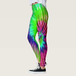 Tropical Rainbow Grönt Magenta Starburst Tie Dye Leggings