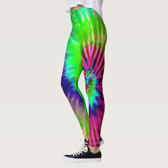 Tropical Rainbow Grönt Magenta Starburst Tie Dye Leggings (Vänster)