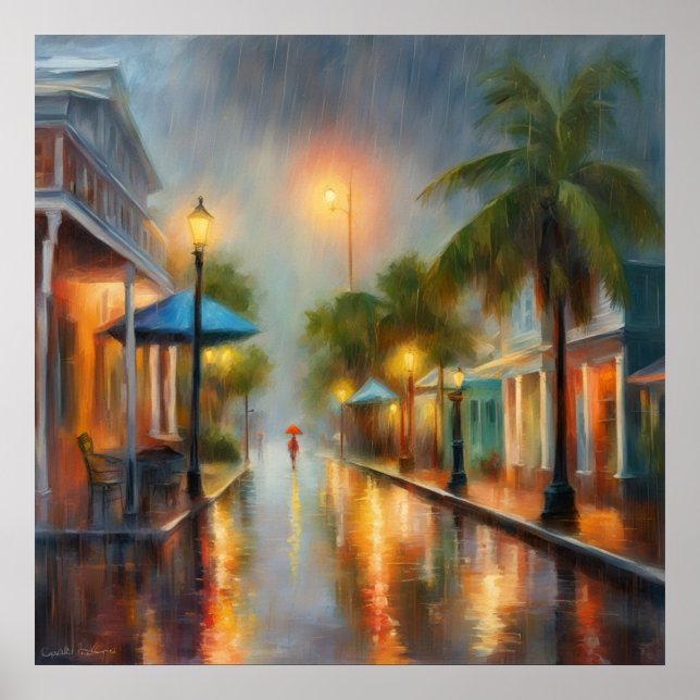 Tropical Rainy Street med Dam och Red Umbrella Poster (Framsidan)