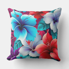Tropical Red And Blue Hibiscus Flowers Kudde