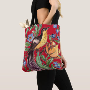 Tropical Red Bird of Paradise Blommigt Folk Art Tygkasse