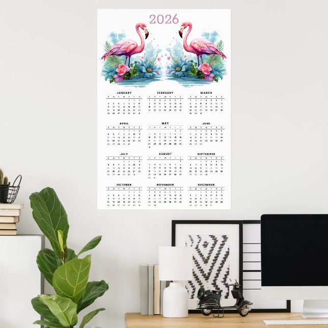 Tropical Romance: 2026 Flamingo Väggkalender Poster (Hemmakontoret)