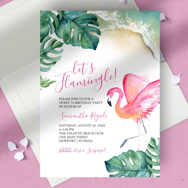 Tropical Rosa Flamingo 16:e Födelsedagsfesten Inbjudningar (birthday party sweet 16 tropical luau pink flamingo green monstera palm leaves ocean waves)