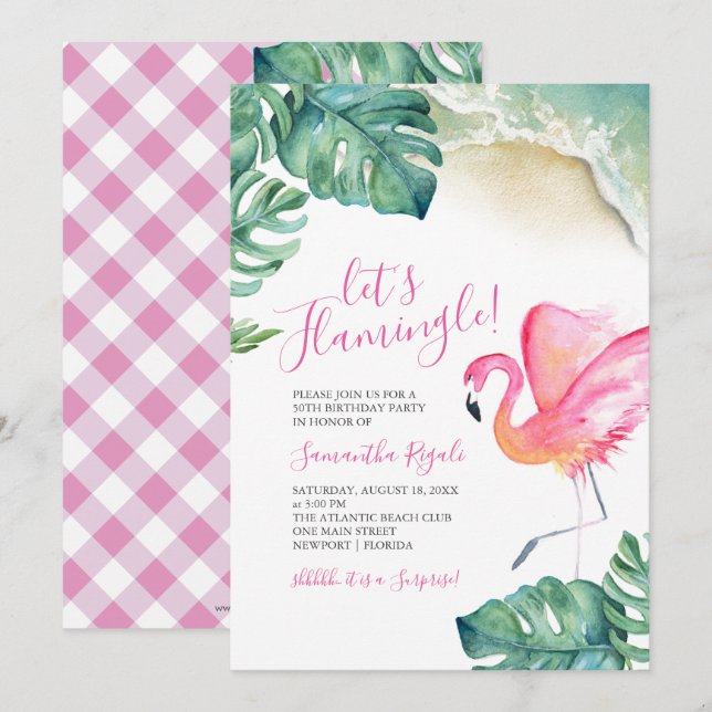 Tropical Rosa Flamingo 50:e Födelsedagsfesten Inbjudningar (Fram/baksida)