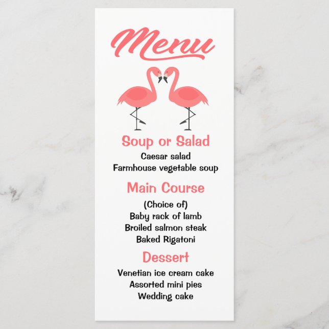 Tropical Rosa Flamingo Menu Bröllop, Party Luau Meny (Framsida)