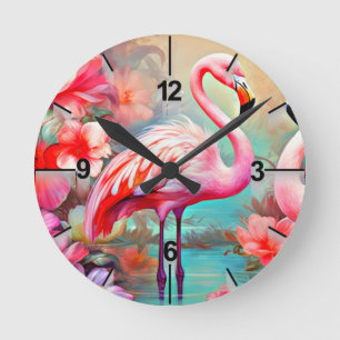Tropical Rosa Flamingo with Flowers-87361 Rund Klocka