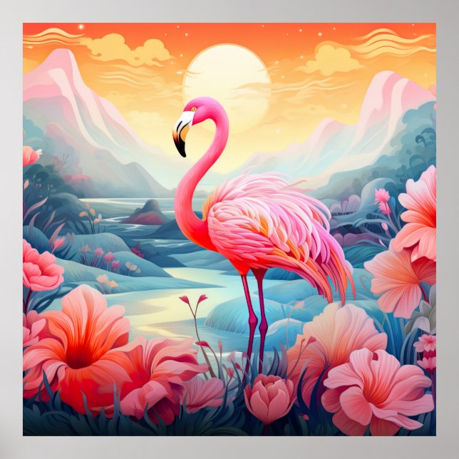 Tropical Rosa Flamingo with Flowers Poster (Framsidan)