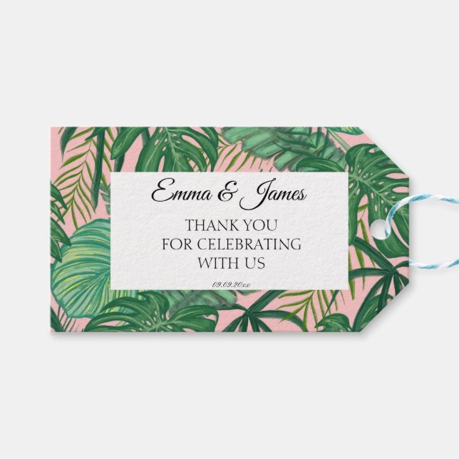 Tropical Rosa Grey Script Bröllop Tack Presentetikett (Framsidan (Horisontell))