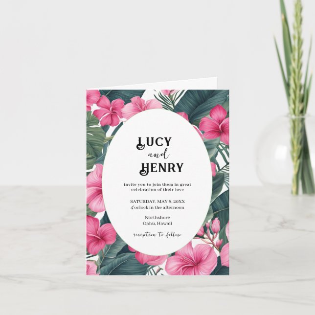 Tropical Rosa Helgdag Blommigt Skriv ut Bröllop Inbjudan (Framsida)