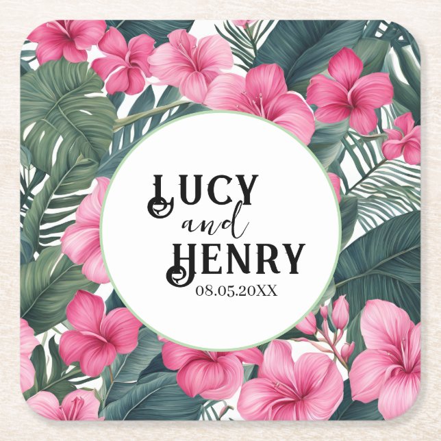 Tropical Rosa Helgdag Blommigt Skriv ut Bröllop Underlägg Papper Kvadrat (Framsidan)