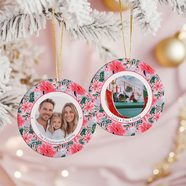 Tropical Rosa Julblomma 2 Familjefoton Julgransprydnad Keramik (Pink Tropical Floral Christmas two sided photo ornament)