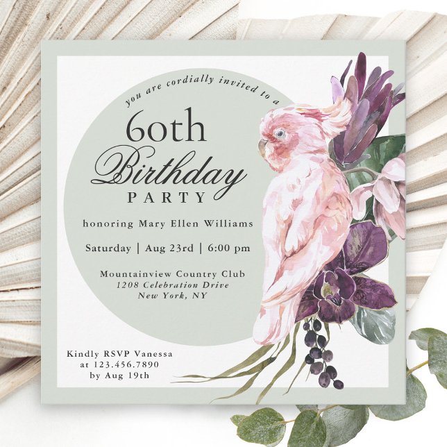 Tropical Rosa Parrot and Sage Blommigt 60 Birthday Inbjudningar (Skapare uppladdad)
